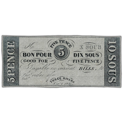Front view of Hart's Bank 1837 five pence banknote remainder, issue number 350-10-02R, inventory hb001, grading AU.