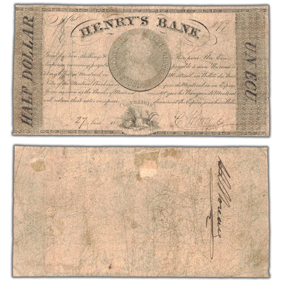 Henry's Bank 1837 half dollar note, catalog 375-10-04, serial number 877, stacked view showing both front and back sides, previously mounted condition.