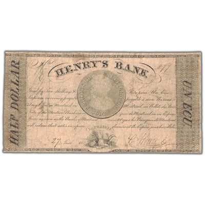 Front view of Henry's Bank 1837 half dollar banknote, issue number 375-10-04, serial number 877, showing evidence of being previously mounted.