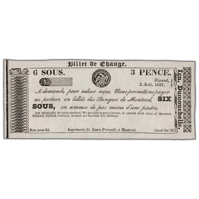 Ign. Dumouchelle 1837 3 Pence 6 Sous Remainder Note QC #155-10-02R - AU