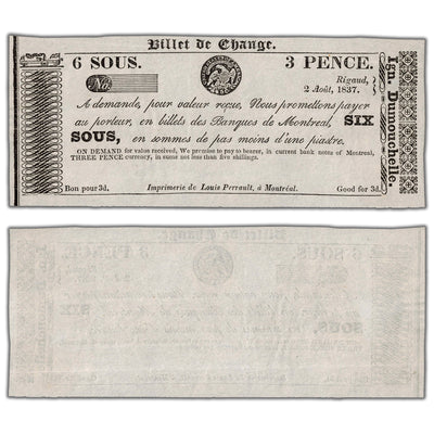 Ign. Dumouchelle 1837 3 Pence 6 Sous Remainder Note QC #155-10-02R - AU