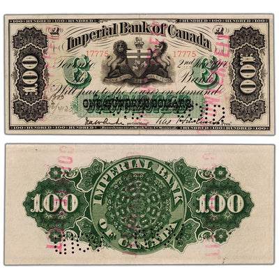 Imperial Bank of Canada 1917 one hundred dollar contemporary counterfeit note, inventory ibc003, stacked view showing both front and back sides, graded Extra Fine Plus condition.