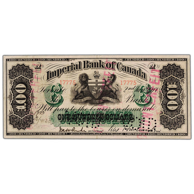 Front view of Imperial Bank of Canada 1917 one hundred dollar contemporary counterfeit banknote, inventory ibc003, in EF+ condition.