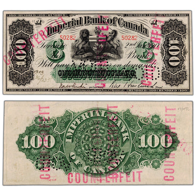 Imperial Bank of Canada 1917 one hundred dollar contemporary counterfeit note, inventory ibc001, stacked view showing both front and back sides, graded VF to EF condition.