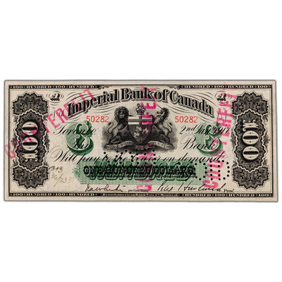 Front view of Imperial Bank of Canada 1917 one hundred dollar contemporary counterfeit banknote, inventory ibc001, in Very Fine to Extra Fine condition.