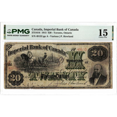 Front face view of a 1915 Imperial Bank of Canada 20 dollar chartered banknote, highlighting the historical design vignettes and PMG F-15 grading details.