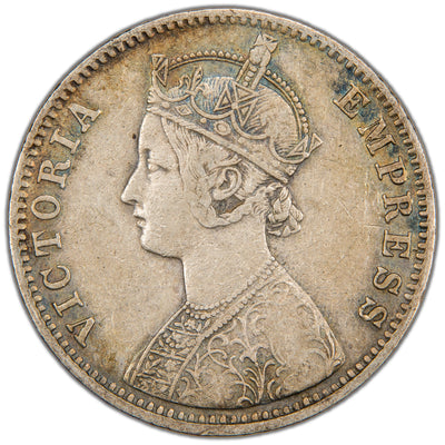 Obverse of a British India 1891 One Rupee silver coin (Calcutta mint, SKU: SP2907), featuring the crowned, veiled bust profile portrait of Queen Victoria facing left, surrounded by the legend VICTORIA EMPRESS within a beaded border.