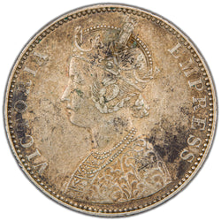Obverse of a British India 1893 One Rupee silver coin (Bombay mint, SKU: SP2908), featuring the crowned, veiled bust profile portrait of Queen Victoria facing left, surrounded by the legend VICTORIA EMPRESS within a beaded border.