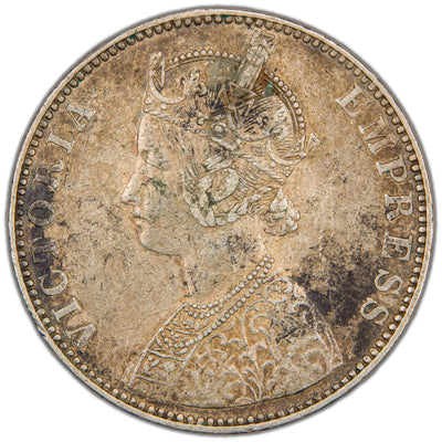 Obverse of a British India 1893 One Rupee silver coin (Bombay mint, SKU: SP2908), featuring the crowned, veiled bust profile portrait of Queen Victoria facing left, surrounded by the legend VICTORIA EMPRESS within a beaded border.