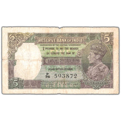 Front of an ungraded India 1937 5 Rupees banknote (Reserve Bank of India, King George VI series, Pick #18b, with pinholes, Serial/SKU: P/76 593872), featuring a profile portrait of King George VI, geometric guilloche patterns, English and regional language texts, and prefix/serial number P/76 593872