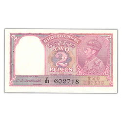 Front of an ungraded British India ND (1943) 2 Rupees banknote (King George VI, Pick #17b, Grade AU/UNC with staple hole, Serial/SKU: 602718), featuring a profile portrait of King George VI, central profile watermark window, multi-language value panel, and serial number 602718.