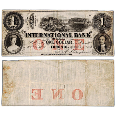 International Bank 1858 one dollar note remainder with two signatures, catalog 380-10-04-04R, inventory ib062, stacked view showing both front and back sides, showing minor condition issues.