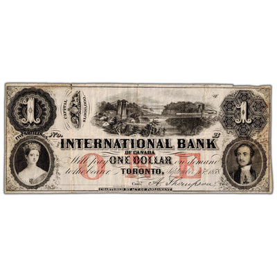 Front view of International Bank 1858 one dollar banknote remainder with two signatures, issue number 380-10-04-04R, inventory ib062, noting condition issues.