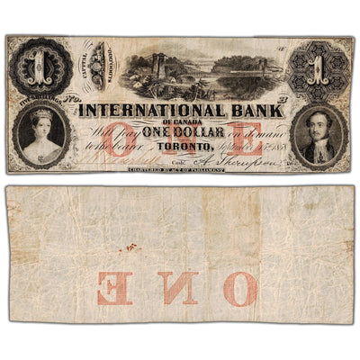 International Bank 1858 one dollar note remainder with two signatures, catalog 380-10-04-04R, inventory ib060, stacked view showing both front and back sides, graded Very Fine condition.