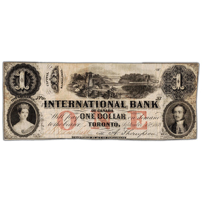 Front view of International Bank 1858 one dollar banknote remainder with two signatures, issue number 380-10-04-04R, inventory ib060, grading VF.