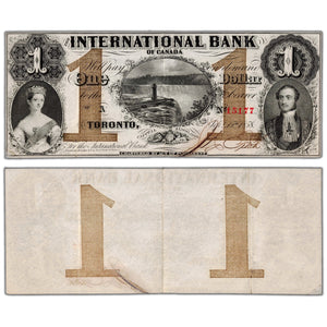 International Bank 1858 $1 Note Fitch Red Serial #380-10-08-04 - EF (slight ink burn)