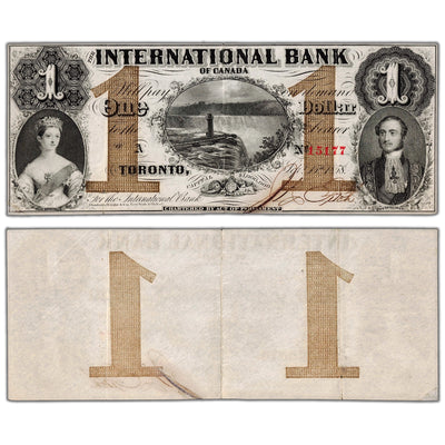 International Bank 1858 one dollar note with Fitch red serial number 15177, catalog 380-10-08-04, stacked view showing both front and back sides, graded Extremely Fine condition with slight ink burn.