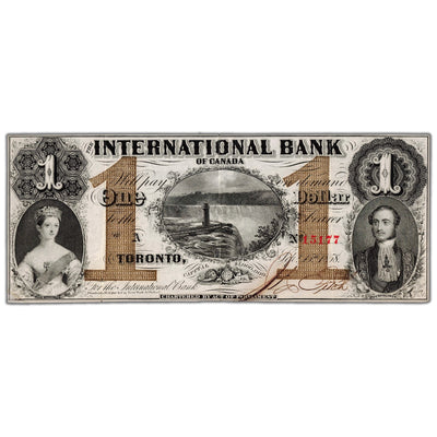 Front view of International Bank 1858 one dollar banknote with Fitch red serial number 15177, issue number 380-10-08-04, grading EF with slight ink burn.