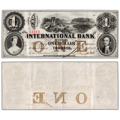 International Bank 1858 one dollar note with Fitch red serial number 15212, catalog 380-10-08-08, stacked view showing both front and back sides, graded Extremely Fine condition.