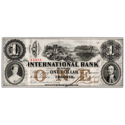 Front view of International Bank 1858 one dollar banknote with Fitch red serial number 15212, issue number 380-10-08-08, grading EF.