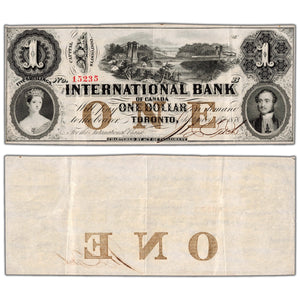 International Bank 1858 $1 Note Fitch Red Serial #380-10-08-08 - EF (corner tip issue)