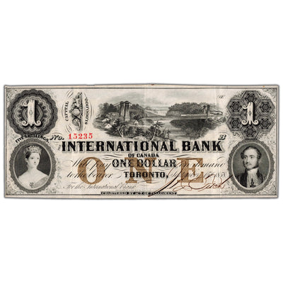 Front view of International Bank 1858 one dollar banknote with Fitch red serial number 15235, issue number 380-10-08-08, grading EF with a slight corner tip issue.