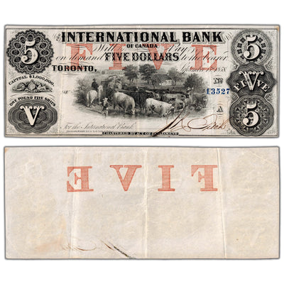 International Bank 1858 five dollar note with Fitch blue serial number 13527, catalog 380-10-10-16a, stacked view showing both front and back sides, graded About Extremely Fine condition.