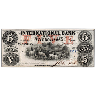 Front view of International Bank 1858 five dollar banknote with Fitch blue serial number 13527, issue number 380-10-10-16a, grading About EF.