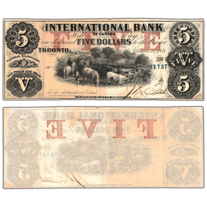 International Bank 1858 $5 Note Fitch Blue Serial #380-10-10-16a - EF (ink burn)