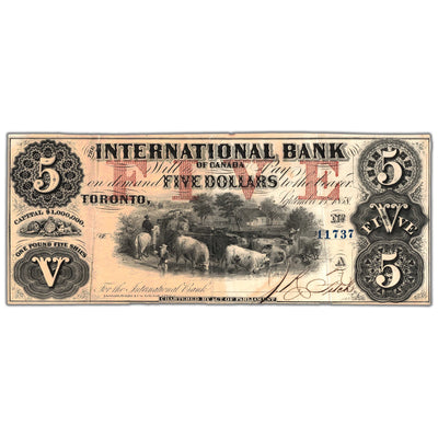 Front view of International Bank 1858 five dollar banknote with Fitch blue serial number 11737, issue number 380-10-10-16a, grading EF with dynamic ink burn features.