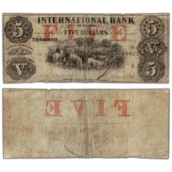 International Bank 1858 five dollar note with Fitch blue serial number 16027, catalog 380-10-10-16b, stacked view showing both front and back sides, circulated condition.