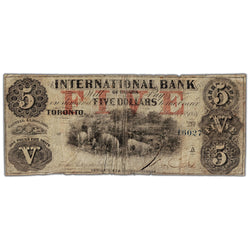 Front view of International Bank 1858 five dollar banknote with Fitch blue serial number 16027, issue number 380-10-10-16b, in circulated condition.
