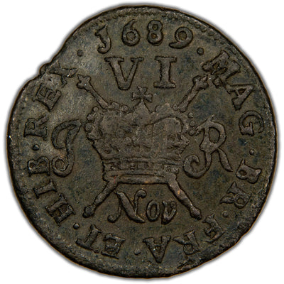 Ireland 1689 November James II Gun Money Sixpence Coin SCBC 6583f 3.65g