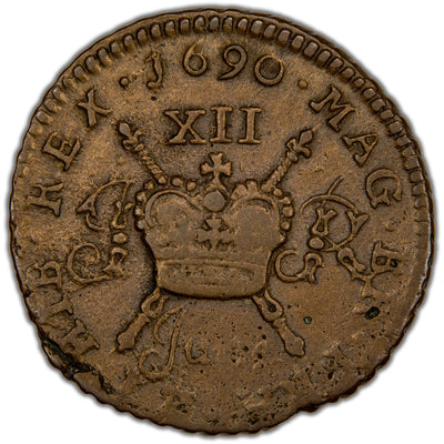 Ireland 1690 June James II Gun Money Shilling Coin SCBC 6582E 4.81g