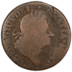 Obverse of a circulated Ireland 1723 Wood's Hibernia 1/2d Half Penny copper coin (SKU: SP2886), featuring the laureate profile bust of King George I facing right, surrounded by the legend GEORGIUS . D : G : REX .