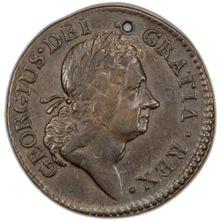 Obverse of a holed Ireland 1723 Wood's Hibernia 1/2d Half Penny copper coin (SKU: SP2885), featuring the laureate profile bust of King George I facing right, surrounded by the legend GEORGIUS . D : G : REX ., with a hole pierced through the flan.