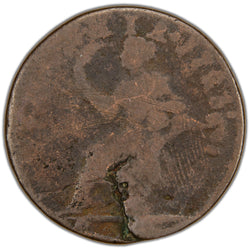 Reverse of a circulated Ireland 1723 Wood's Hibernia 1/2d Half Penny copper coin (SKU: SP2886), depicting the seated figure of Hibernia resting her left arm on an Irish harp and holding a palm branch in her right hand, surrounded by the legend HIBERNIA . 1723 .
