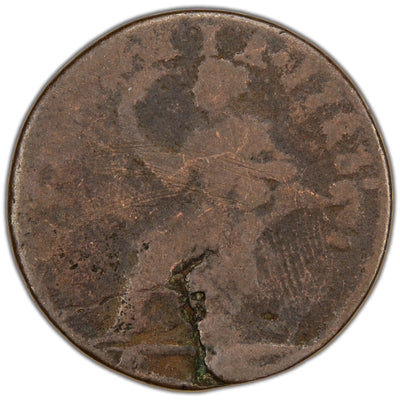 Reverse of a circulated Ireland 1723 Wood's Hibernia 1/2d Half Penny copper coin (SKU: SP2886), depicting the seated figure of Hibernia resting her left arm on an Irish harp and holding a palm branch in her right hand, surrounded by the legend HIBERNIA . 1723 .