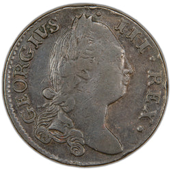 Obverse of an Ireland 1782 1/2d Halfpenny copper coin under King George III (Spink #6614, SKU: SP2892), featuring the laureate armored bust profile of King George III facing right, surrounded by the Latin legend GEORGIVS·III·REX·.