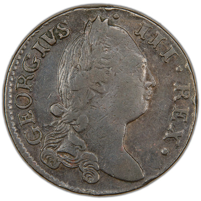 Obverse of an Ireland 1782 1/2d Halfpenny copper coin under King George III (Spink #6614, SKU: SP2892), featuring the laureate armored bust profile of King George III facing right, surrounded by the Latin legend GEORGIVS·III·REX·.