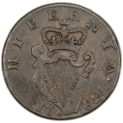 Reverse of an Ireland 1782 1/2d Halfpenny copper coin (Spink #6614, SKU: SP2892), depicting the crowned Irish harp, surrounded by the legend HIBERNIA with the date 1782 in the exergue below.