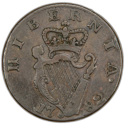 Reverse of an Ireland 1782 1/2d Halfpenny copper coin (Spink #6614, SKU: SP2892), depicting the crowned Irish harp, surrounded by the legend HIBERNIA with the date 1782 in the exergue below.