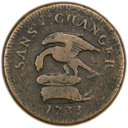 Obverse of an Isle of Man 1733 1d One Penny copper coin issued under James Stanley, 10th Earl of Derby (SKU: SP2890), featuring the Stanley family crest depicting an Eagle and Child resting upon a cap of maintenance, surrounded by the Latin motto SANS CHANGER and the date 1733.