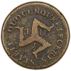 Reverse of an Isle of Man 1733 1d One Penny copper coin (SKU: SP2890), featuring the Triskelion (Three Legs of Man) joined at the hip, surrounded by the Manx national motto QVOCVNQVE GESSERIS STABIT.