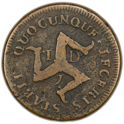 Reverse of an Isle of Man 1733 1d One Penny copper coin (SKU: SP2890), featuring the Triskelion (Three Legs of Man) joined at the hip, surrounded by the Manx national motto QVOCVNQVE GESSERIS STABIT.