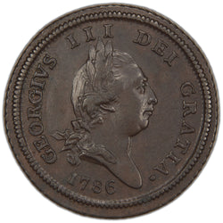 Obverse of an ungraded Isle of Man 1786 1/2d Half Penny copper coin (Serial/SKU: SP2946), featuring the laureate head of King George III facing right, surrounded by the Latin legend "GEORGIVS III DEI GRATIA" with the date "1786" below.