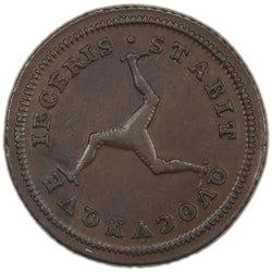 Reverse of an ungraded Isle of Man 1786 1/2d Half Penny copper coin (KM# 8, Serial/SKU: SP2946), displaying the Triskelion (three armored legs flexed at the knee joined at the thigh) encircled by the Manx national motto "QVOCVNQVE JECERIS STABIT".
