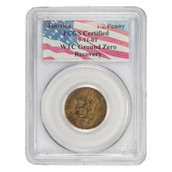Front of PCGS protective slab encapsulation holder for Jamaica 1952 1/2d Halfpenny coin (SKU: WTC 001), displaying the official PCGS blue label certified as WTC Ground Zero Recovery with grade, serial number, and barcode above the coin.