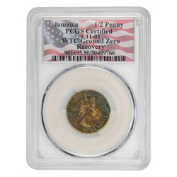 Front of PCGS protective slab encapsulation holder for Jamaica 1963 1/2d Halfpenny coin (SKU: SP2910), displaying the official PCGS blue label certified as WTC Ground Zero Recovery with grade, serial number, and barcode above the coin.