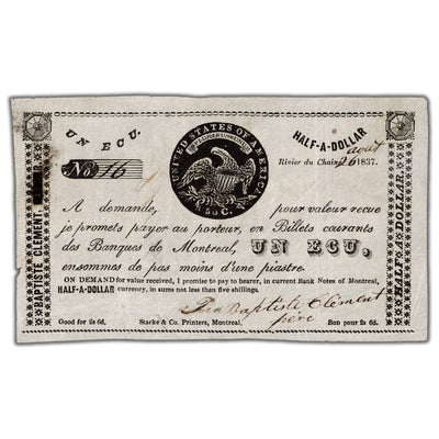 Jean Baptiste Clement 1837 1 Ecu Note QC #90-10-12 - Serial #16
